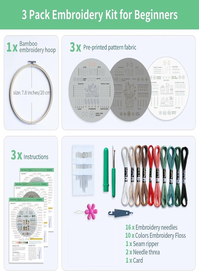Zollyss Embroidery Kit for Beginners, 3 Pack with Pre-Printed Patterns, 7.8-inch Hoop, 10 Colours Thread, 33 Basic Stitches, Instructions - Image 2